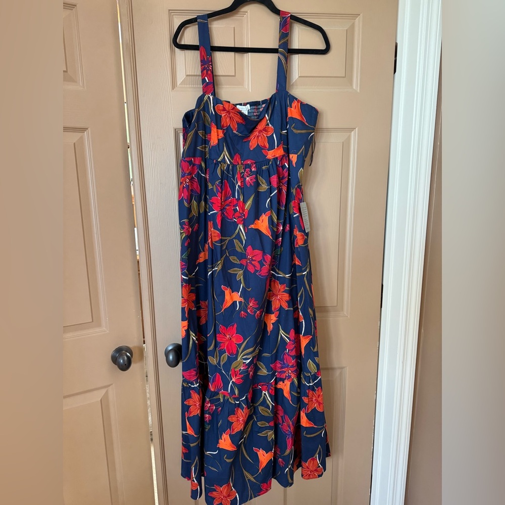 Navy Floral Maxi Dress with Red-Orange Blooms